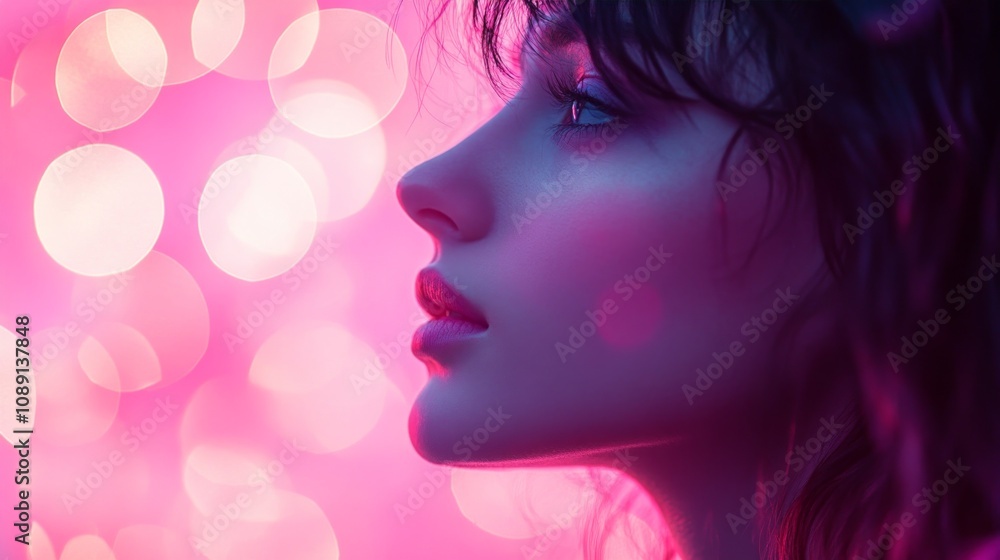 Profile of a fashion model illuminated by pink and blue neon lights, creating a vibrant and stylish atmosphere Profile of a fashion model illuminated by pink and blue neon lights, creating a vibrant and stylish atmosphere