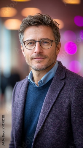 Portrait of a successful businessman wearing glasses and smart casual clothing, standing in a brightly lit contemporary office environment