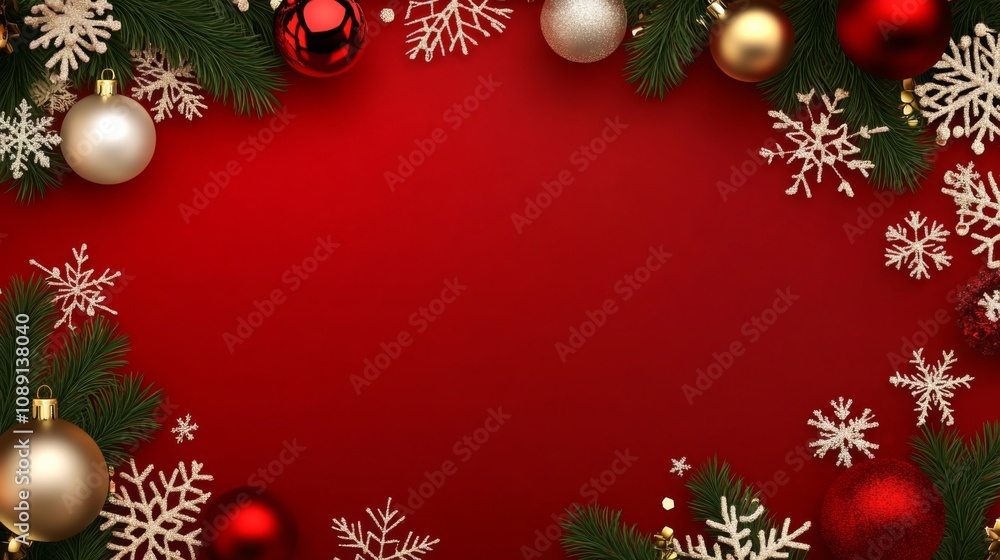 Festive Christmas background with red, gold and white ornaments, snowflakes and greenery for warm, cheerful atmosphere. Festive Christmas background with red, gold and white ornaments, snowflakes and greenery for warm, cheerful atmosphere.