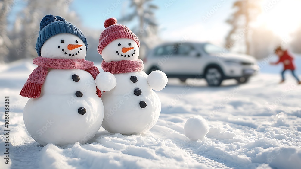 Winter fun with snowmen and family playtime snowy landscape photography joyful atmosphere Winter fun with snowmen and family playtime snowy landscape photography joyful atmosphere