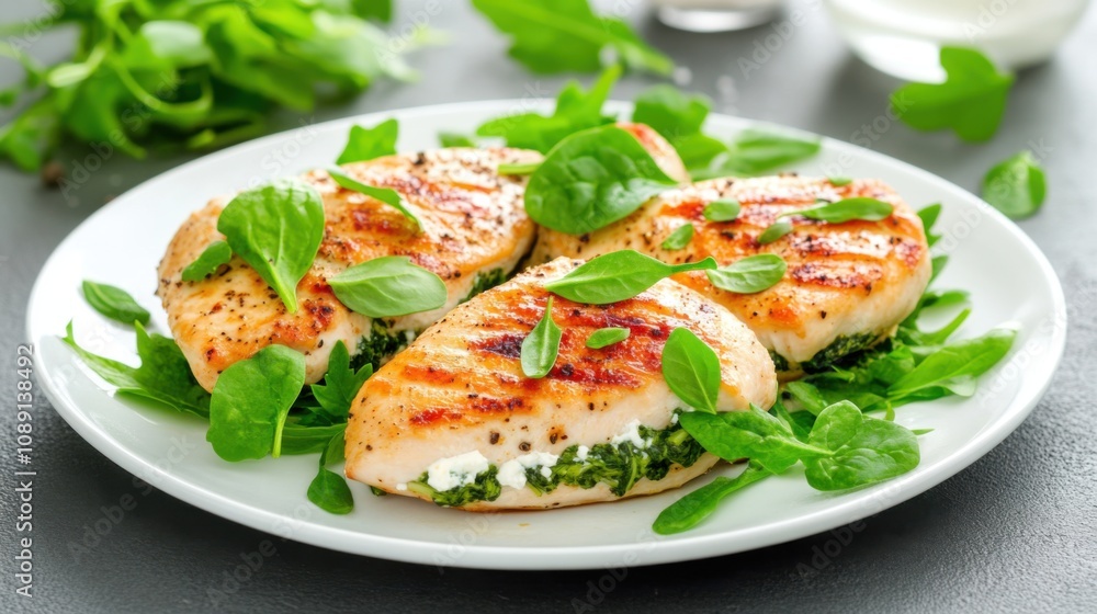 Grilled chicken breasts topped with fresh herbs, served on a plate with leafy greens, showcasing a healthy and appetizing meal. Grilled chicken breasts topped with fresh herbs, served on a plate with leafy greens, showcasing a healthy and appetizing meal.