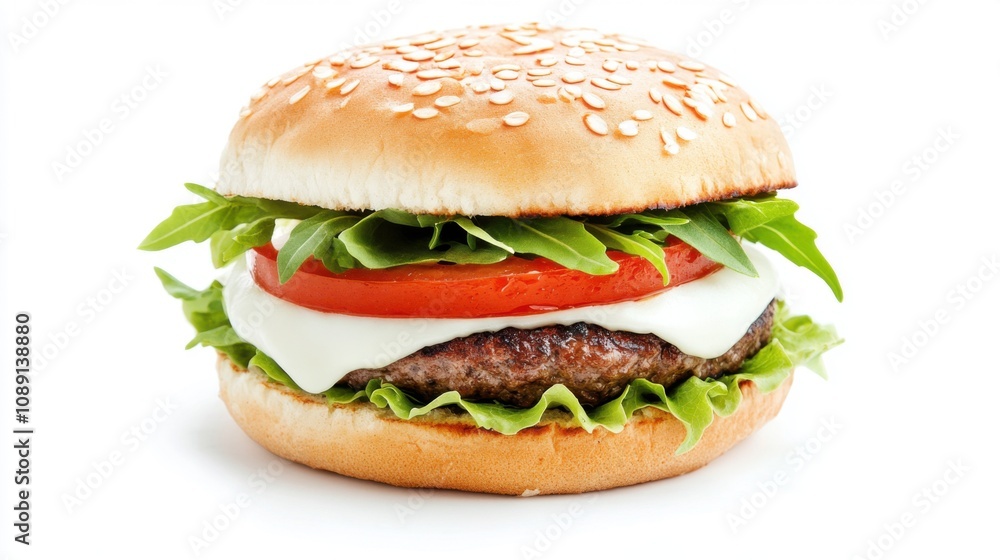 A juicy hamburger featuring a sesame seed bun, fresh lettuce, tomato, and creamy sauce, perfect for a delicious meal. A juicy hamburger featuring a sesame seed bun, fresh lettuce, tomato, and creamy sauce, perfect for a delicious meal.