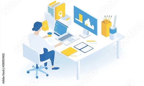 simple Isometric infographic of a businesspersonsitting at a desk, working with laptop and marketing materials. photo