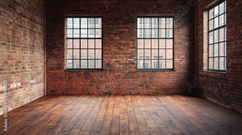 A rustic room with exposed brick walls and large windows, featuring wooden floors and a minimalist aesthetic.