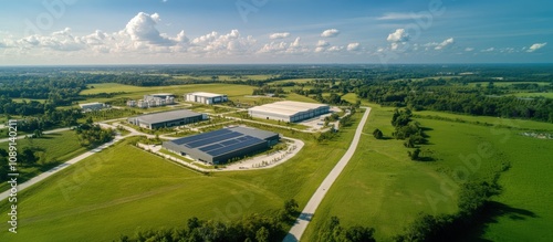 Aerial view of a modern industrial complex surrounded by lush greenery and blue skies, featuring solar panels on rooftops.