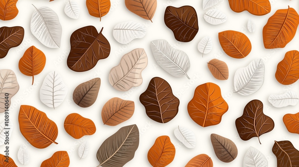 Fototapeta premium Pattern of diverse autumn leaves in shades of brown, orange, beige, and white on a light background, showcasing various shapes and textures