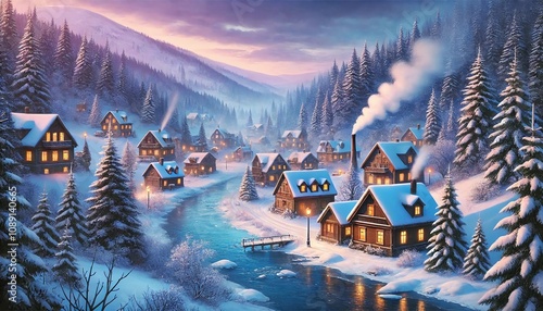 A picturesque winter scene featuring a cozy village nestled in a snowy valley, surrounded by snow-covered hills and dense pine forests