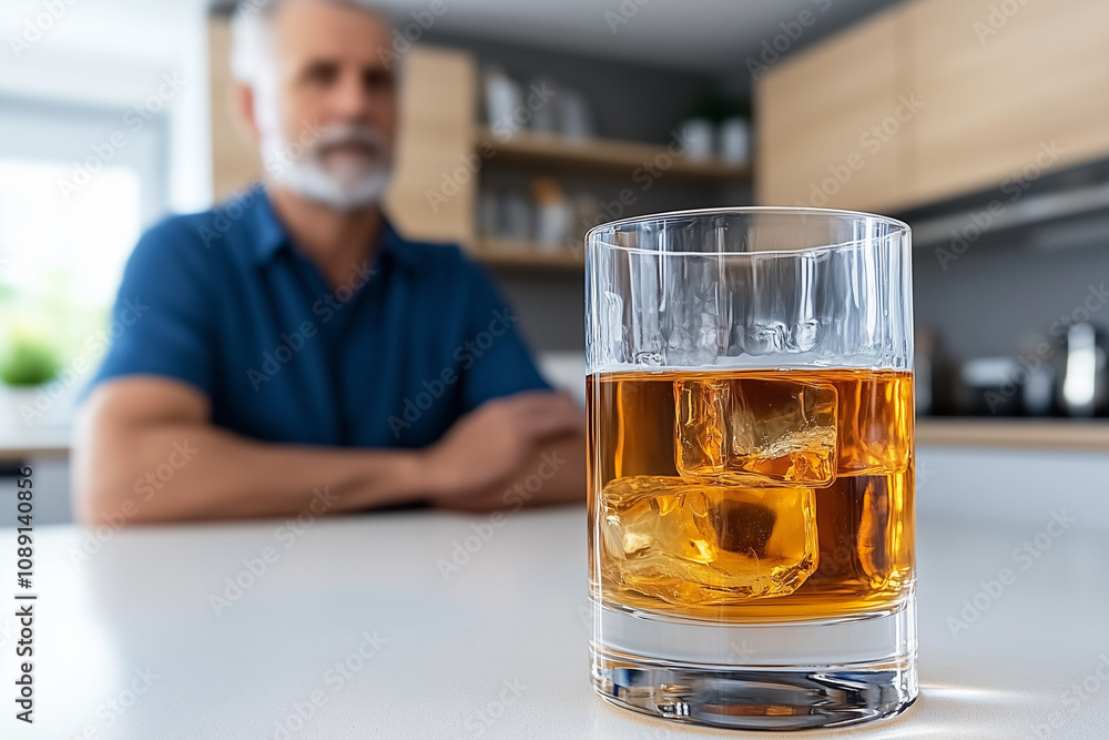 Glass of whiskey with an older man in the background, concept of alcoholism and addiction