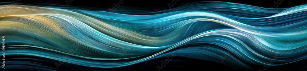 A fluid, abstract representation of waves in shades of blue and gold on a dark background. A fluid, abstract representation of waves in shades of blue and gold on a dark background.