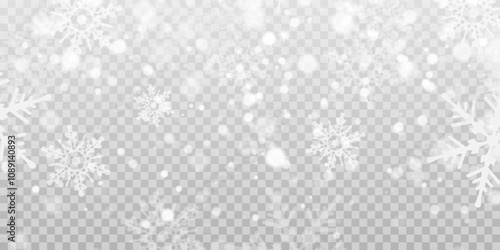 Christmas snowflakes on a transparent background. Snow flakes, snow background. Heavy snowfall, snowflakes in different shapes and forms.
