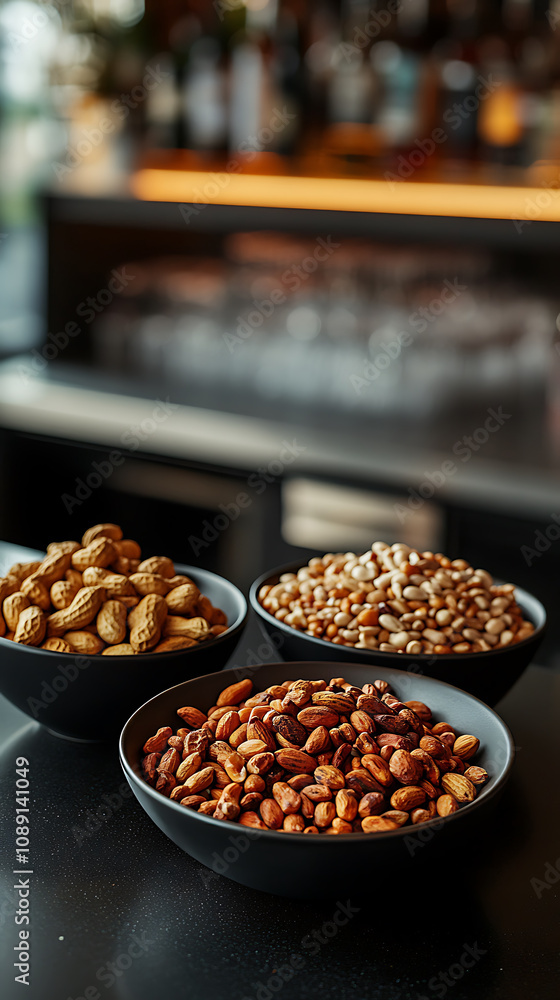 Delicious assortment of nuts in three bowls, perfect for snacking and sharing. Enjoy variety of flavors and textures in this inviting setting Delicious assortment of nuts in three bowls, perfect for snacking and sharing. Enjoy variety of flavors and textures in this inviting setting