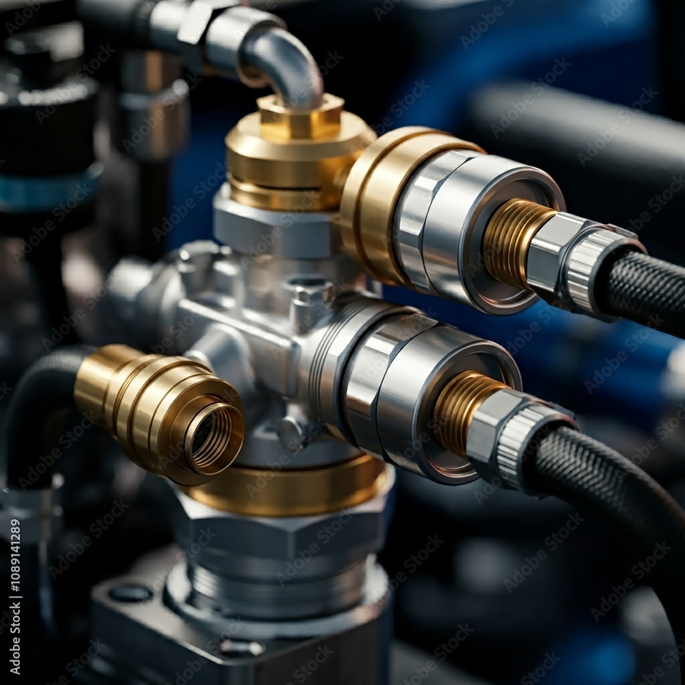High-tech industrial machinery close-up with metal valves, brass fittings, and hydraulic hoses. Hyper-realistic details in a modern factory setting. Ideal for manufacturing and process projects High-tech industrial machinery close-up with metal valves, brass fittings, and hydraulic hoses. Hyper-realistic details in a modern factory setting. Ideal for manufacturing and process projects
