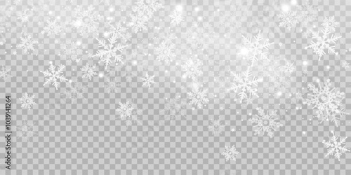 Christmas snowflakes on a transparent background. Snow flakes, snow background. Heavy snowfall, snowflakes in different shapes and forms.
