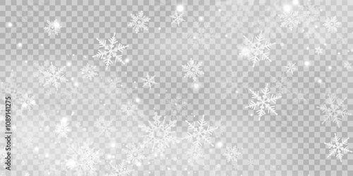 Illustration of tiny flying snow flakes. Menacing dust freezes shapes. Snowfall sky white transparent wallpaper. Flat snowflakes january vector.