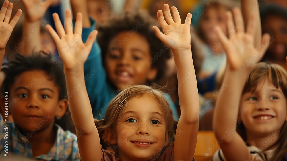 A group of children enthusiastically raising their hands in a classroom setting. A group of children enthusiastically raising their hands in a classroom setting.