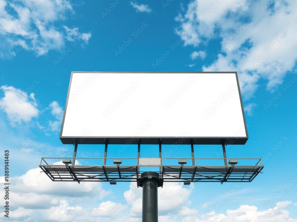 An empty marketing billboard positioned against a cloudy afternoon sky, ready for customizable design, customize, marketing, sign An empty marketing billboard positioned against a cloudy afternoon sky, ready for customizable design, customize, marketing, sign
