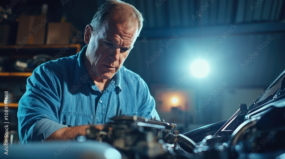 A mechanic wearing a blue work collar shirt, focused on repairing an engine in a well-lit garage. A mechanic wearing a blue work collar shirt, focused on repairing an engine in a well-lit garage.