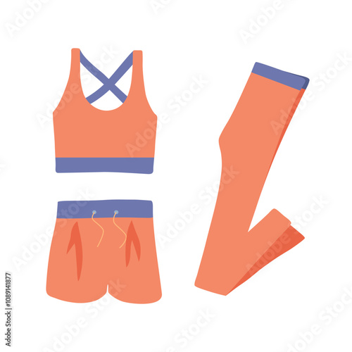 Activewear vector set.Sports bra, shorts and leggings illustrations isolated on white background. Womens sport clothes for fitness, gym and home workout, yoga and pilates in simple flat style