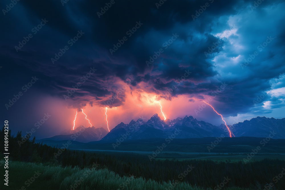 A dramatic photo of lightning in the sky, illuminating storm clouds over mountains at dusk. This scene captures the raw power of nature during a thunderstorm. A dramatic photo of lightning in the sky, illuminating storm clouds over mountains at dusk. This scene captures the raw power of nature during a thunderstorm.
