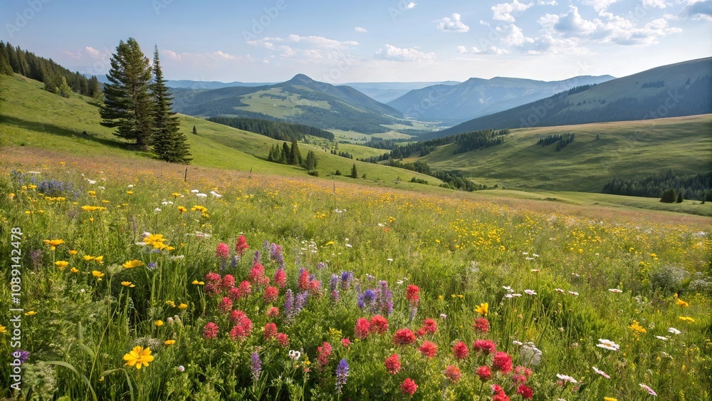 Mountain meadow in full bloom with vibrant wildflowers, tranquility, colorful, scenery, alpine Mountain meadow in full bloom with vibrant wildflowers, tranquility, colorful, scenery, alpine
