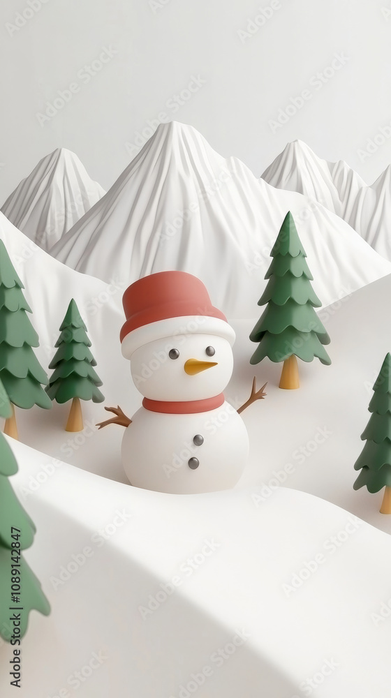 Start of winter 3D illustration, Snow mountain 3D illustration, snowman 3D illustration Start of winter 3D illustration, Snow mountain 3D illustration, snowman 3D illustration