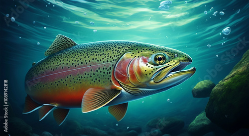 Rainbow Trout Fish in the Water, Stream or River, Isolated Nature Wildlife Fishing Angler Illustration