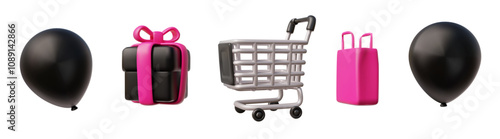 3D black gift box from an inflated balloon, pink shopping bag, trolley vector icon set, Black Friday sale special symbol