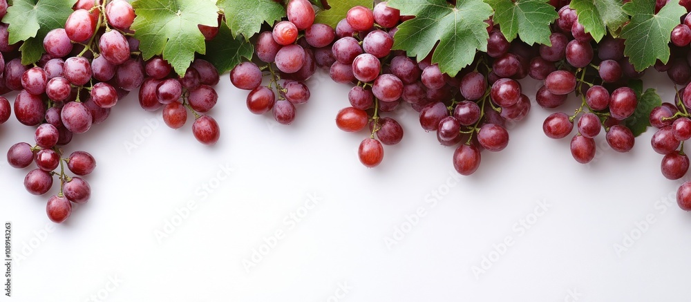 Red Grapes with Green Leaves on White Background Red Grapes with Green Leaves on White Background