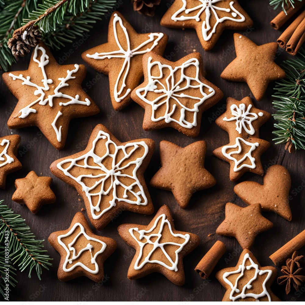 Cinnamon stars and gingerbread cookies in a festive holiday setting with fir branches, Zimtsterne, stars Cinnamon stars and gingerbread cookies in a festive holiday setting with fir branches, Zimtsterne, stars