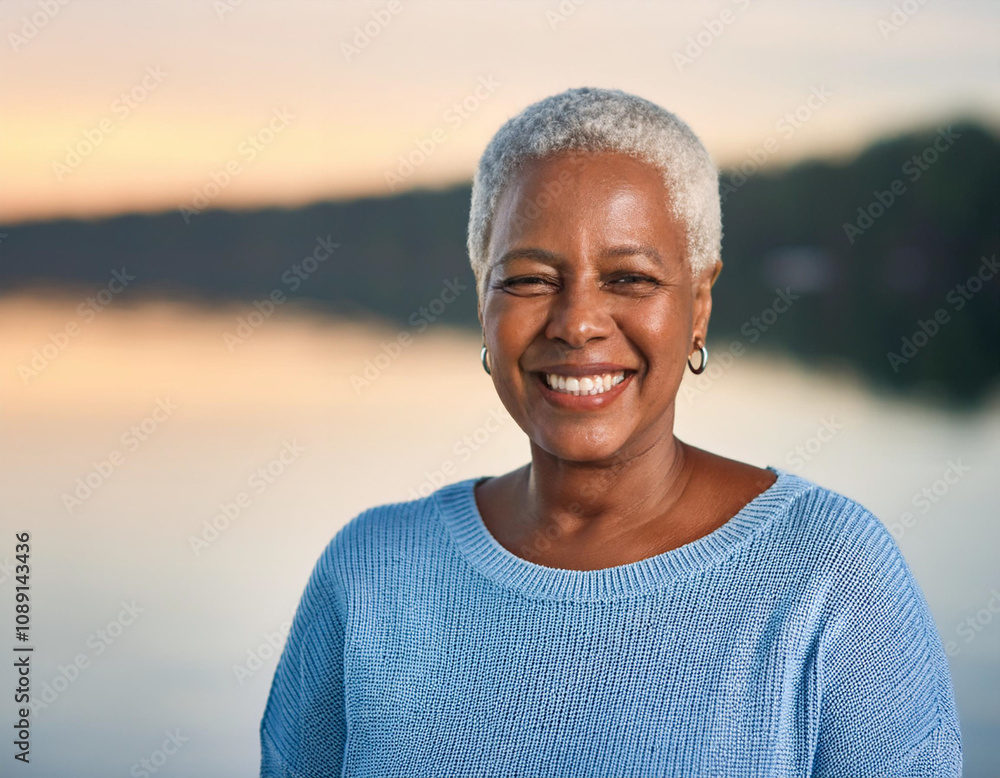 Confident and Radiant: A Successful Woman Enjoying the Serenity of a Sunrise by the Lake Confident and Radiant: A Successful Woman Enjoying the Serenity of a Sunrise by the Lake