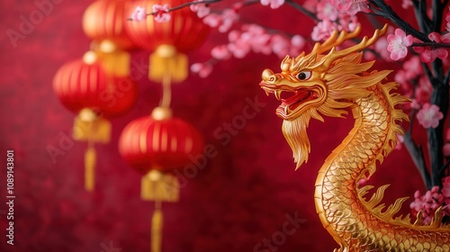 A vibrant, golden dragon figurine surrounded by pink blossoms and traditional red lanterns against a rich red backdrop.