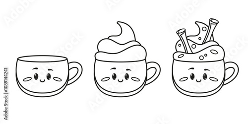 Festive Mugs with black and white candy canes, marshmallows. A trio of adorable, festively-decorated drink cups. Vector Illustration