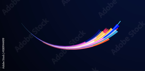 Creative vector illustration of flying cosmic meteor, planetoid, comet, fireball isolated on transparent background. Light arc in neon colors, in the form of a turn and a zigzag. Effect, png, wave,neo