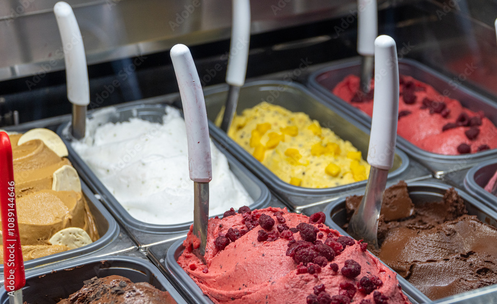 Display of Artisan Ice Creams in a Showcase