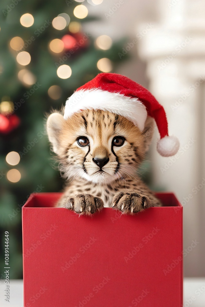 Adorable Cheetah Cub in Red Christmas Gift Box Adorable Cheetah Cub in Red Christmas Gift Box