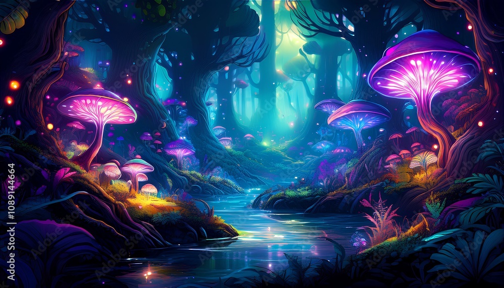 Enchanted forest with glowing flora and elusive woodland creatures Enchanted forest with glowing flora and elusive woodland creatures