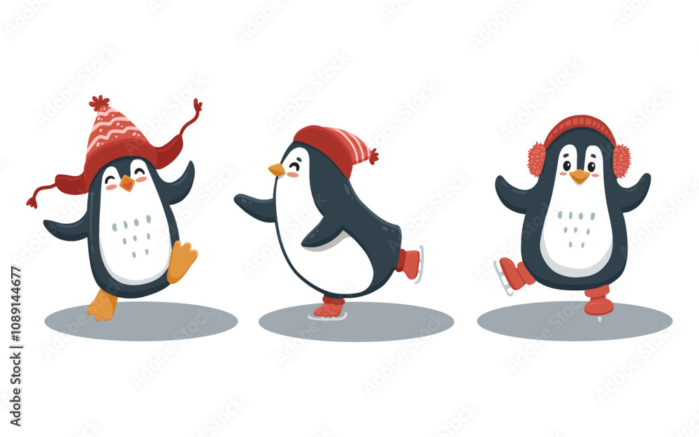 Obraz premium set of cute cartoon penguins is skating. Illustration in flat style for christmas card. Funny penguin. Vector illustration.