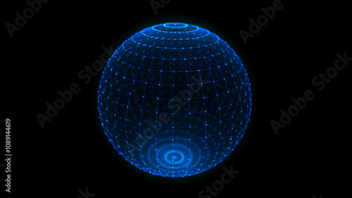 Abstract blue sphere on black background. Wireframe circle structure with glowing particles. Futuristic digital illustration. 3D rendering.