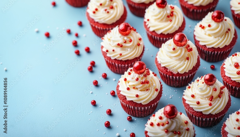 A vibrant display of red cupcakes topped with creamy frosting and decorative sprinkles, set against a light blue background. A vibrant display of red cupcakes topped with creamy frosting and decorative sprinkles, set against a light blue background.