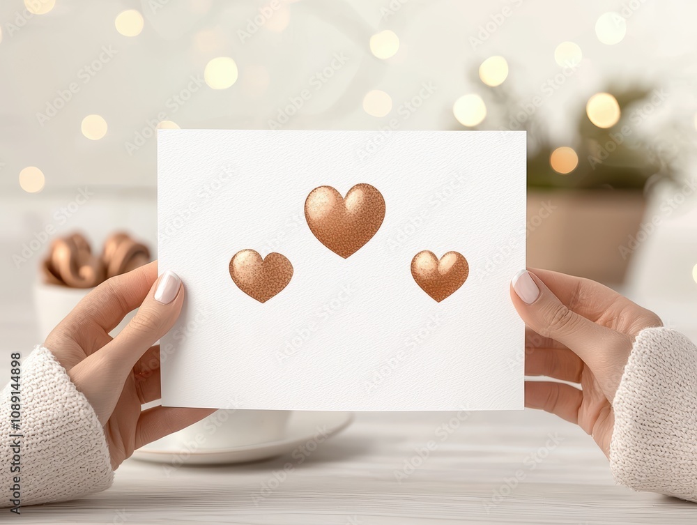 Obraz premium A cozy scene featuring hands holding a card with heart shapes, symbolizing love and warmth in everyday moments.