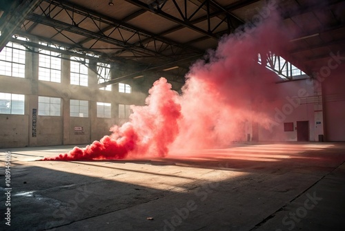 Red smoke wafts through a vast, empty space as sunlight hits it, glowing clouds, smoke in the air photo