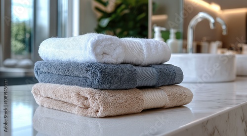 Stack of neatly folded bath towels in neutral colors on a marble countertop in a modern bathroom.