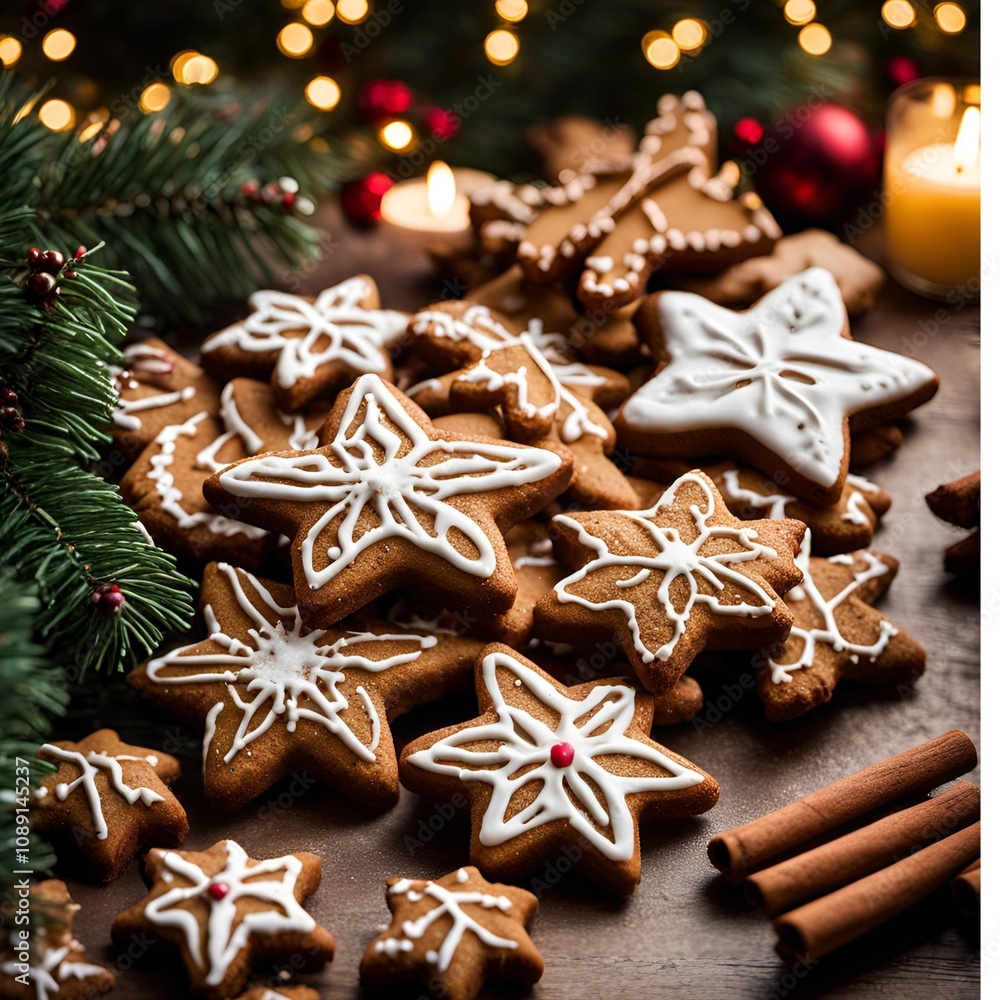Cinnamon stars and gingerbread cookies in a festive holiday setting with fir branches, Zimtsterne, stars Cinnamon stars and gingerbread cookies in a festive holiday setting with fir branches, Zimtsterne, stars