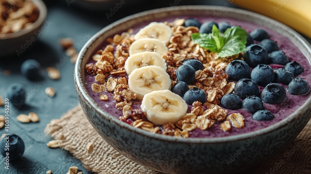 Close-up of a smoothie bowl with blueberries, banana, and granola. Close-up of a smoothie bowl with blueberries, banana, and granola.