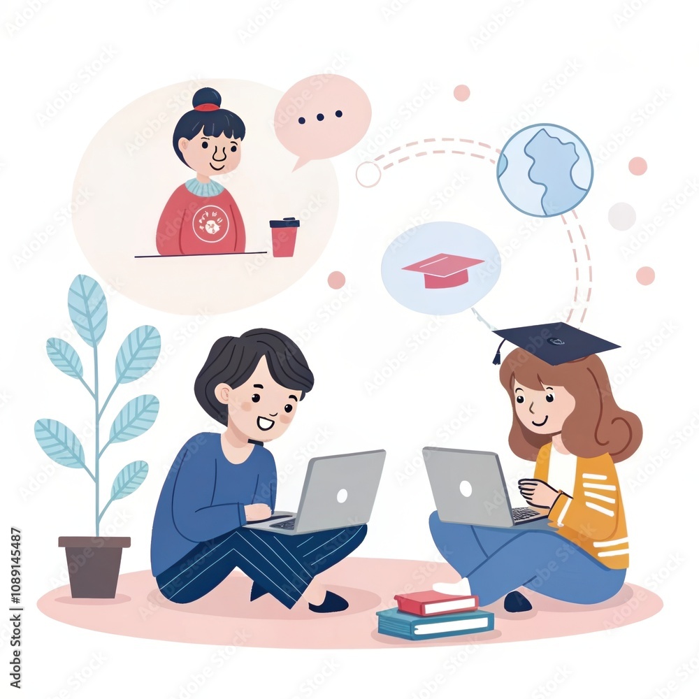 cute cartoon, online education technology students background cute cartoon, online education technology students background