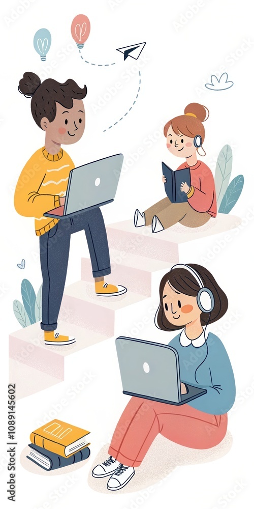 cute cartoon, online education technology students background cute cartoon, online education technology students background