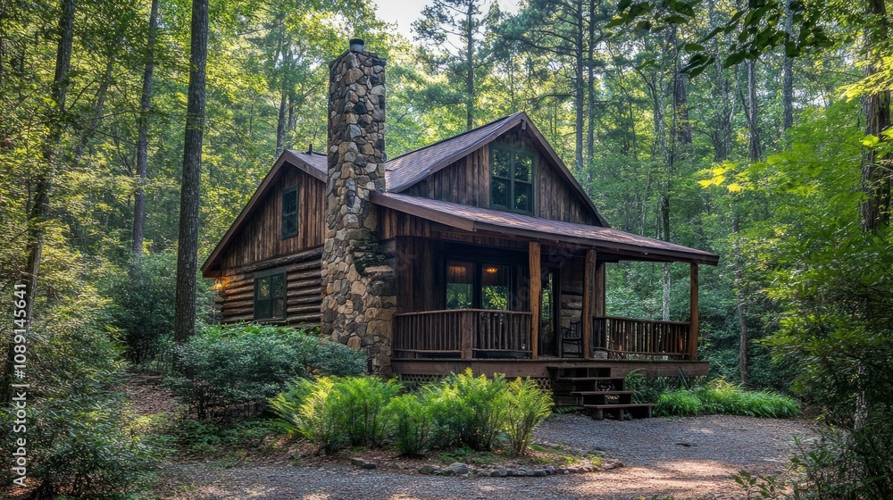 Rustic wooden cabin with a stone chimney, nestled in a dense forest Rustic wooden cabin with a stone chimney, nestled in a dense forest