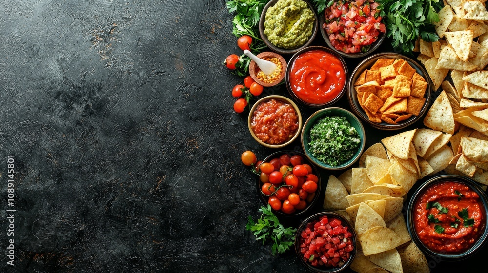 A vibrant spread of colorful dips, chips, and fresh ingredients, perfect for a festive gathering or snack time. A vibrant spread of colorful dips, chips, and fresh ingredients, perfect for a festive gathering or snack time.