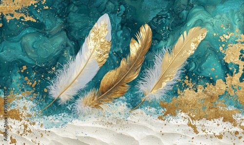 An illustration of a golden feather and beige marble paintings on canvas. photo