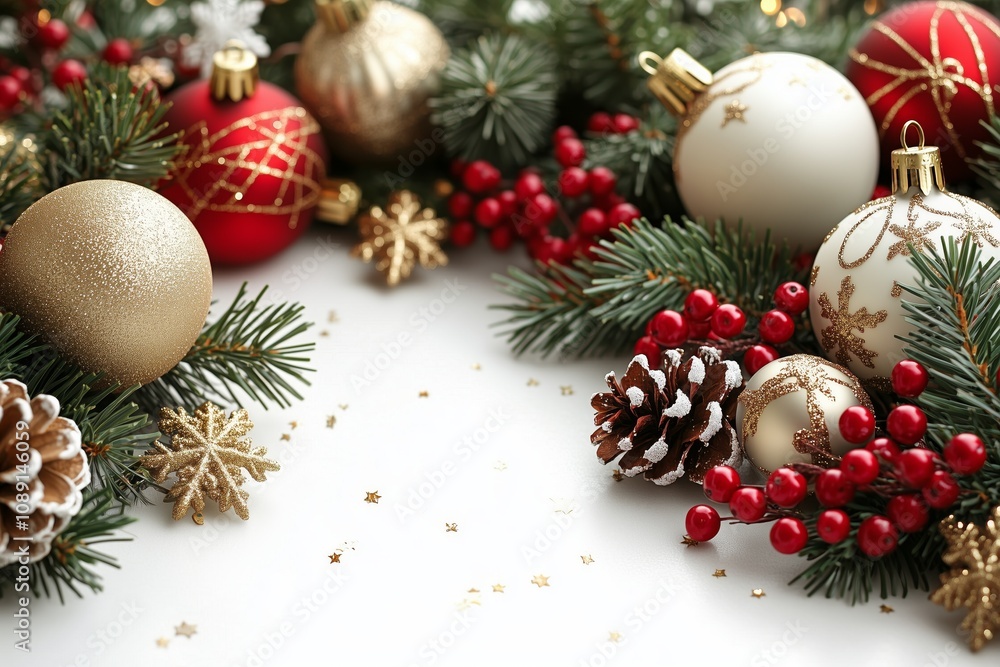 A festive Christmas scene filled with holiday cheer and warmth, showcasing decorated Christmas trees, twinkling lights, and cozy seasonal decor. Presents wrapped with bright, colorful paper and ribbon